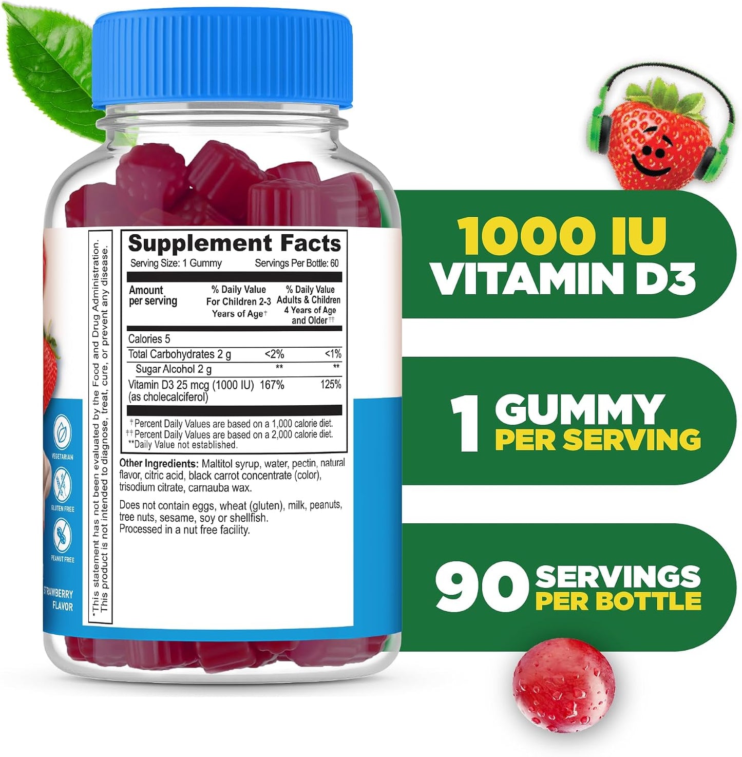 Lifeable Sugar Free Vitamin D for Kids 1000 IU - Great Tasting Natural Flavour Gummy Supplement - Gluten-Free Vegetarian Chewable - for Strong and Healthy Bones, for Children, Teen, Toddler, 90 Gummies - görsel 2