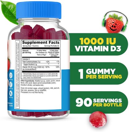 Lifeable Sugar Free Vitamin D for Kids 1000 IU - Great Tasting Natural Flavour Gummy Supplement - Gluten-Free Vegetarian Chewable - for Strong and Healthy Bones, for Children, Teen, Toddler, 90 Gummies