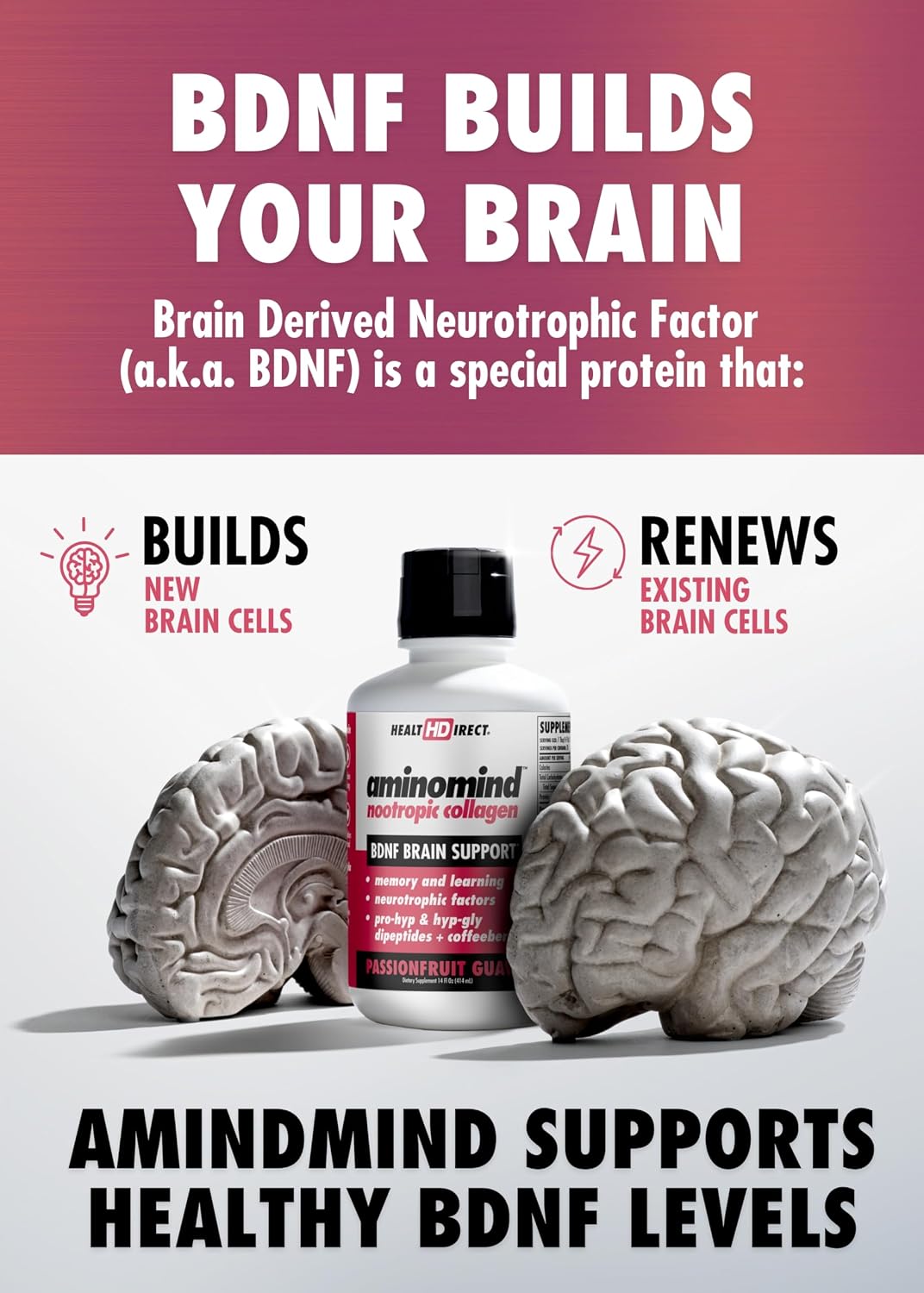 HEALTH DIRECT - AminoMind - Nootropic Collagen Supplement for Brain Health and BDNF - Pro-Hyp & Hyp-Gly Dipeptides, Coffeeberry Antioxidants - Passionfruit Guava - 400 ml (28 Servings) - görsel 3