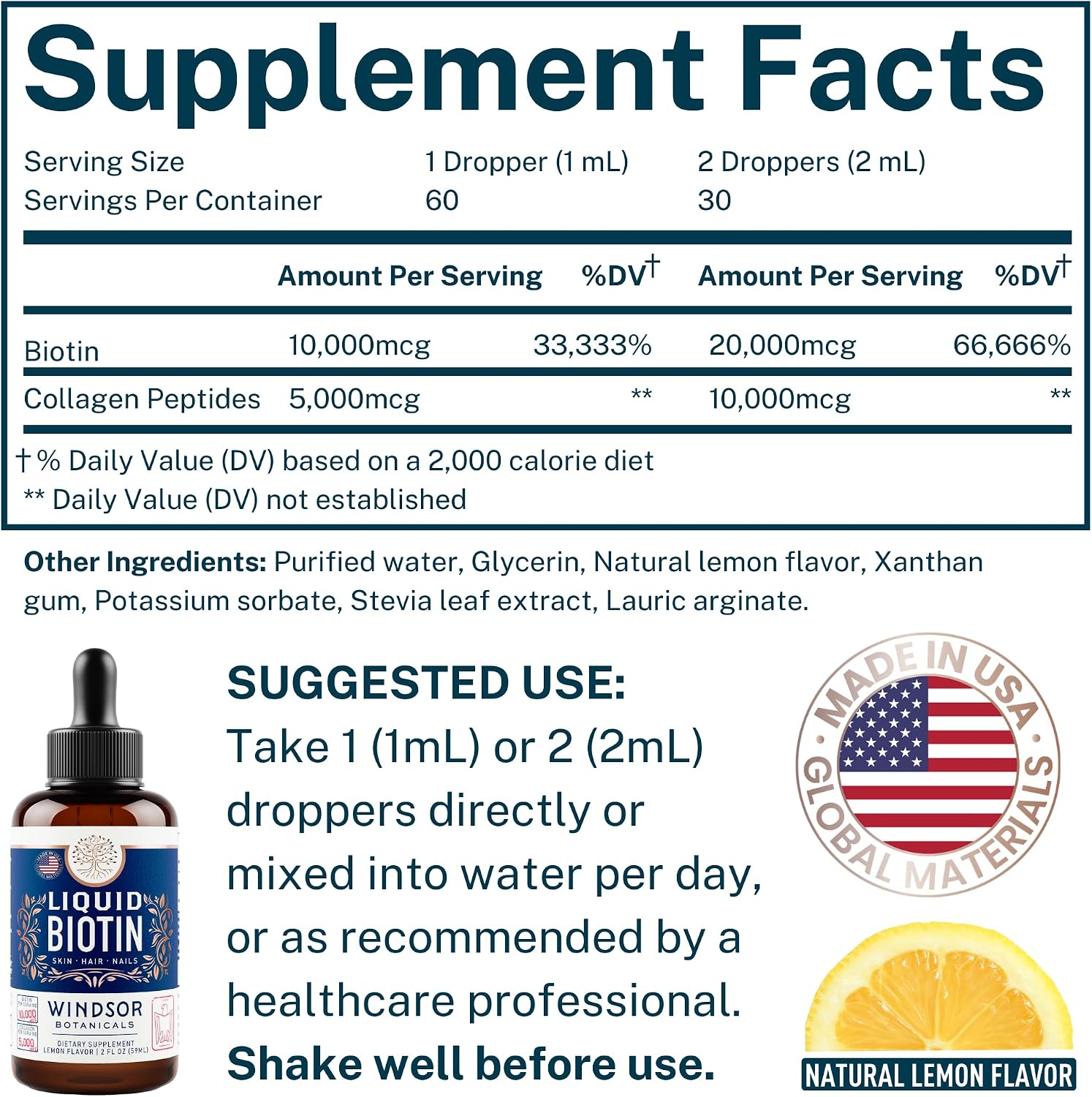 WINDSOR BOTANICALS Liquid Biotin and Collagen Drops - 10,000mcg Biotin + 5,000mcg Hydrolysed Collagen Types I & III - Lemon Flavour - 60 ml - görsel 5