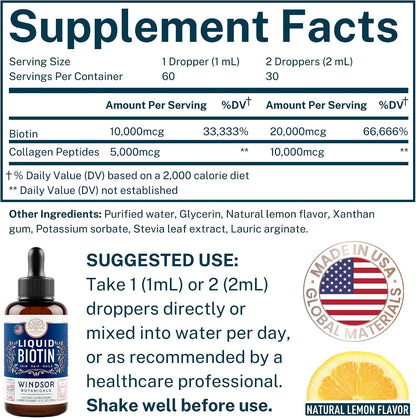 WINDSOR BOTANICALS Liquid Biotin and Collagen Drops - 10,000mcg Biotin + 5,000mcg Hydrolysed Collagen Types I & III - Lemon Flavour - 60 ml
