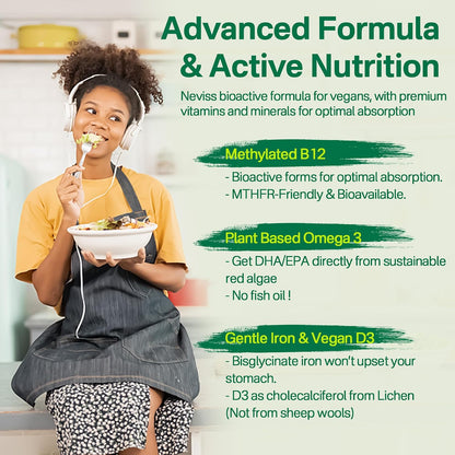 NEVISS Vegan Multivitamin Gummies (2 Pack) – Sugar-Free, Whole Food Vitamins for Women & Men with Methyl B12, D3 K2, Omega-3, Iron, Choline & Zinc