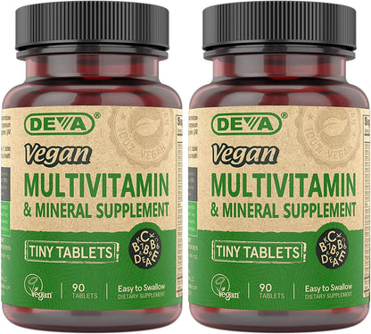 DEVA Tiny Tablets Vegan Multivitamin for Women and Men – 2-Pack with Iron and B Vitamins (180 Tablets Total)