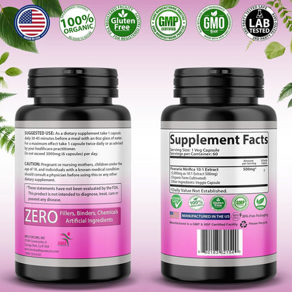 Pueraria Mirifica 500mg Root Extract Powder - Organic Herbal Supplement for Women's Wellbeing, 60 Veggie Capsules