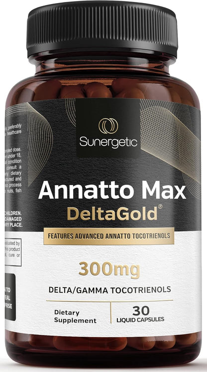 Sunergetic Premium Annatto Tocotrienol Supplement – with DeltaGold – Tocotrienols Vitamin E 300 mg – Delta + Gamma Tocotrienols (30 Liquid Capsules)