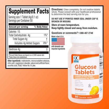 Quality Choice Fast Acting Glucose Tablets, Orange Flavour, 50 Tablets
