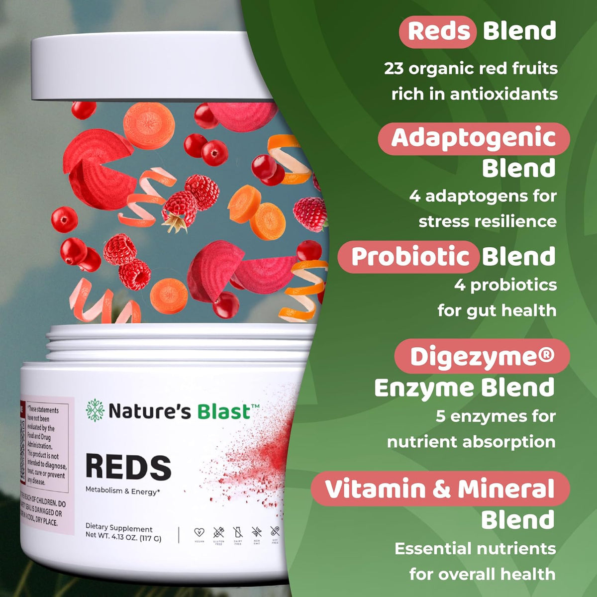 NATURES BLAST Reds - Metabolism and Energy Superfood Powder with 23 Red Fruits, 4 Adaptogens, Probiotics & Enzymes - Vegan Antioxidant Blend, 1 Bottle - görsel 4
