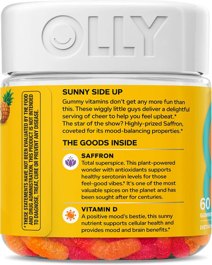 OLLY Hello Happy Gummy Worms, Mood Support Gummies for Adults with Saffron Extract & Vitamin D, Tropical Zing, 60 Count