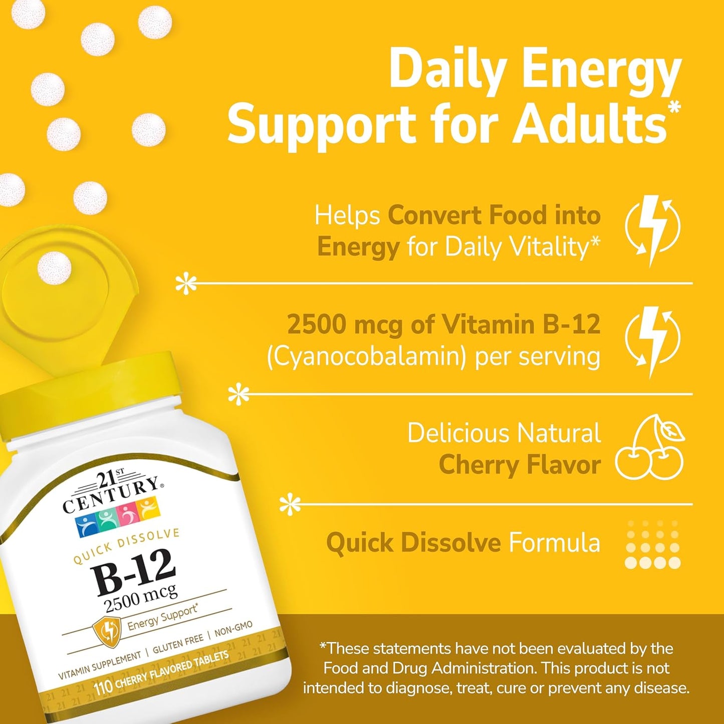21st Century B12 2500 mcg Quick Dissolve, Energy Support, Cherry Flavour, 110 Tablets - görsel 2