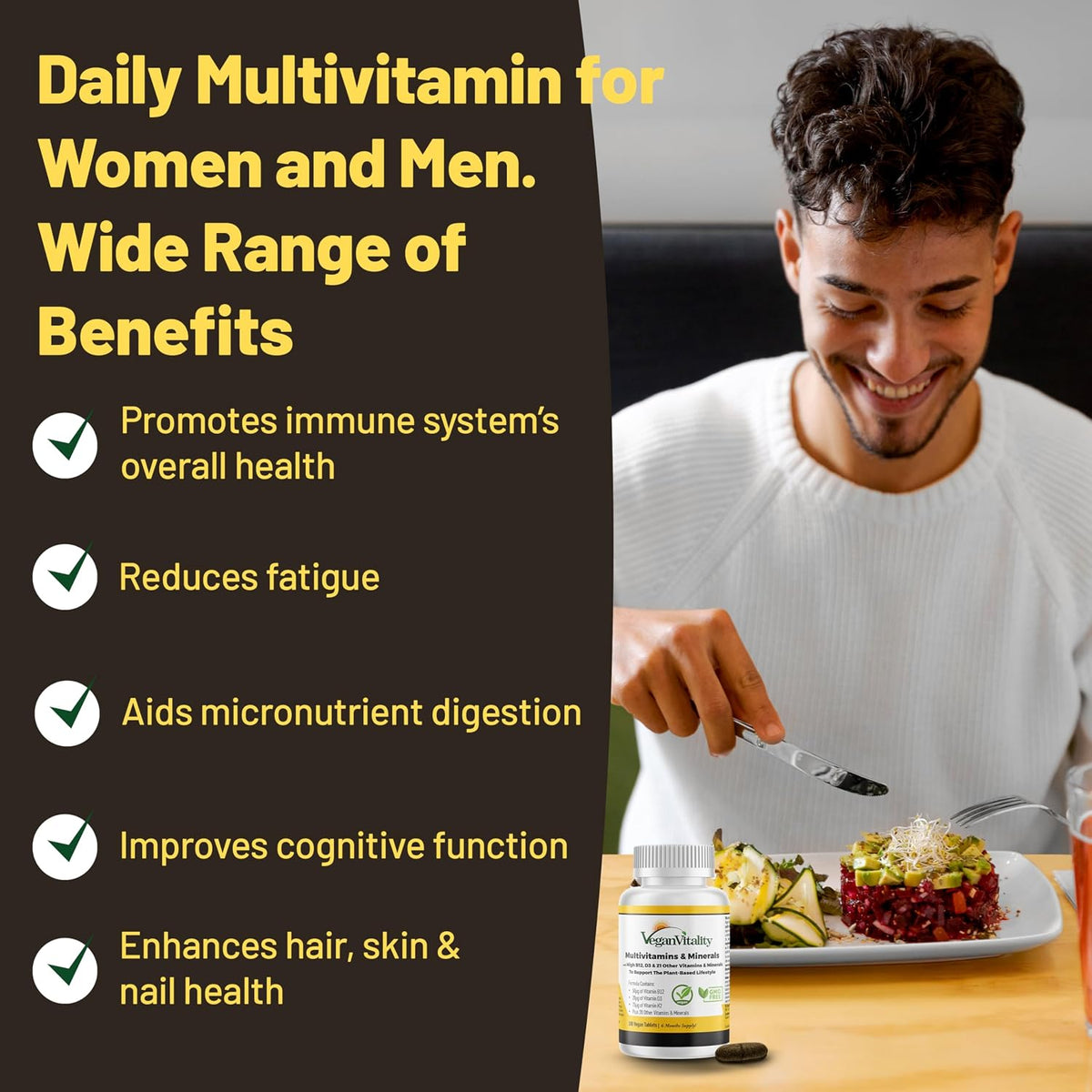 Vegan Vitality Multivitamin for Women and Men - High Strength B12, D3 & K2 - 180 Vegan Tablets - görsel 2