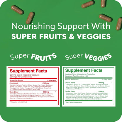 Feel Great Fruit and Vegetable Supplements | 20+ Super Reds & Greens for Natural Energy Support | Vegan Fruit and Veg Capsules | 2 Pack of 90 Capsules Each