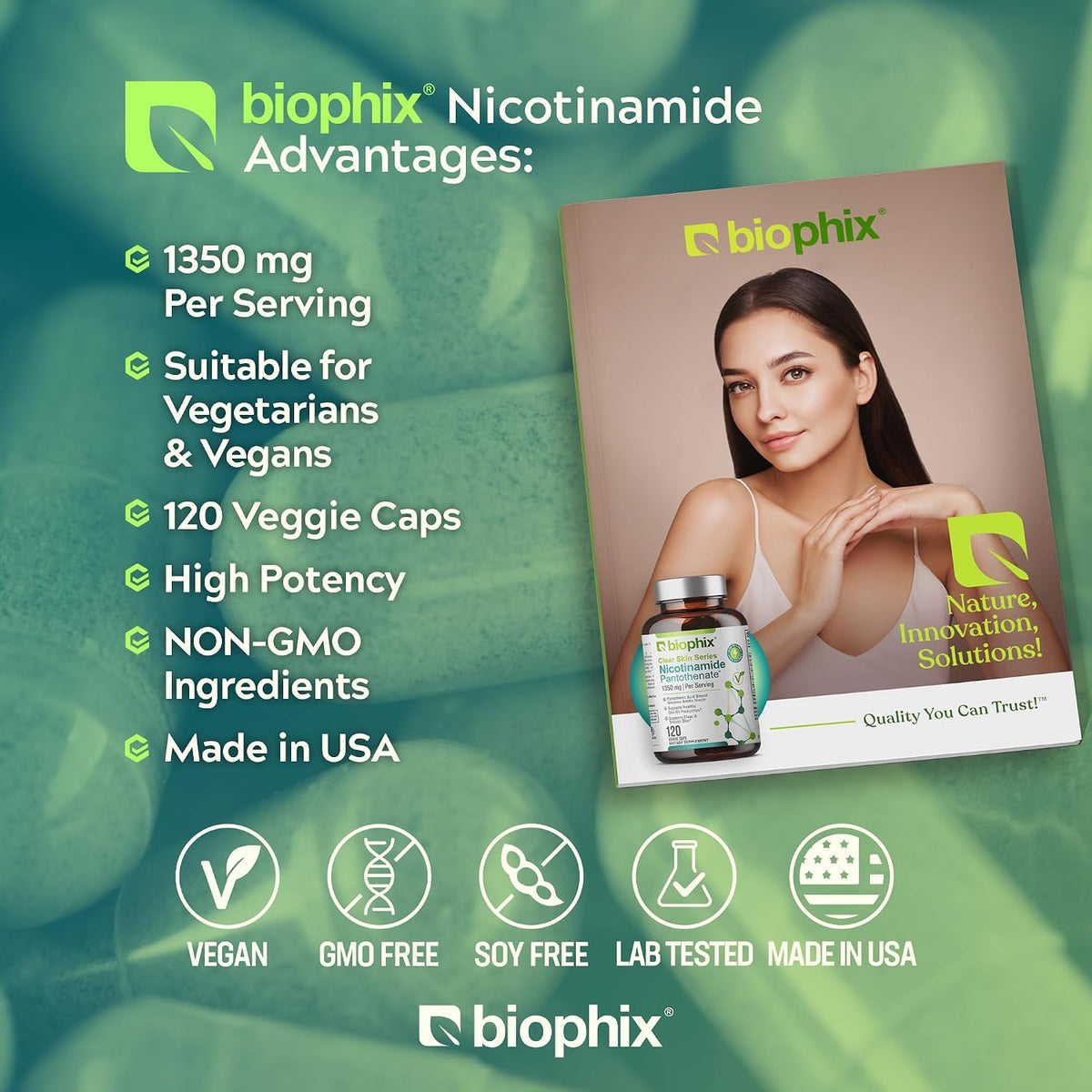 biophix B-3 Nicotinamide Pantothenate 1350 mg 120 Vcaps – Clear Skin Series B5 Pantothenic Acid Natural Flush-Free Nicotinic Amide Niacin – Supports Skin Cell Health - görsel 5
