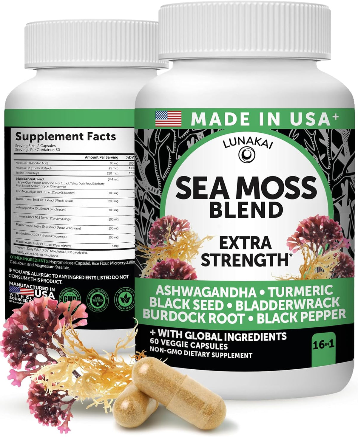 Lunakai Irish Sea Moss Capsules with Black Seed Oil, Ashwagandha, Burdock Root & Bladderwrack (60ct) - görsel 1