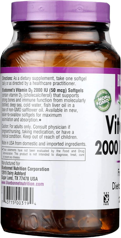 Bluebonnet Nutrition Vitamin D3 2000 IU, 250 Softgels