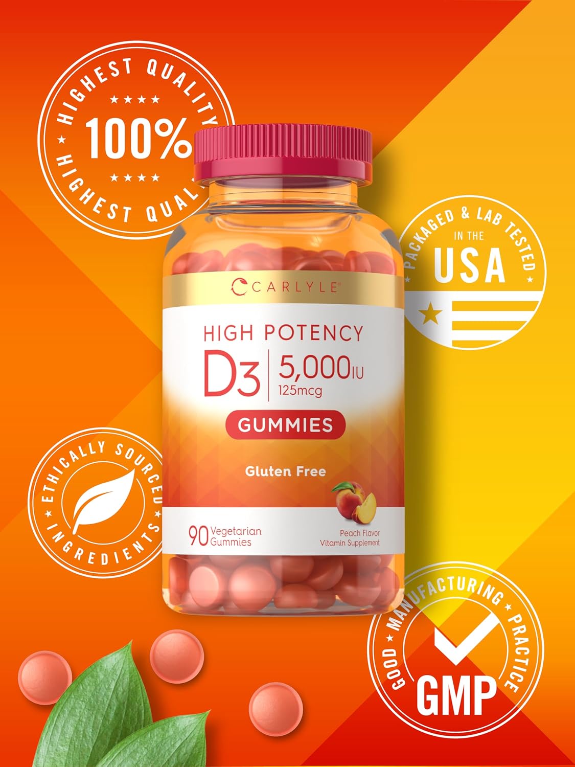 Carlyle Vitamin D3 Gummies 5000 IU (125 mcg) – 90 Count, Peach Flavour, Vegetarian & Non-GM - görsel 6