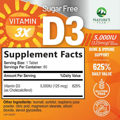 Vitamin D3 5000 IU (125 mcg) Chewable Tablets - Vegan, Gluten-free, Natural Raspberry Flavour - 60 Count