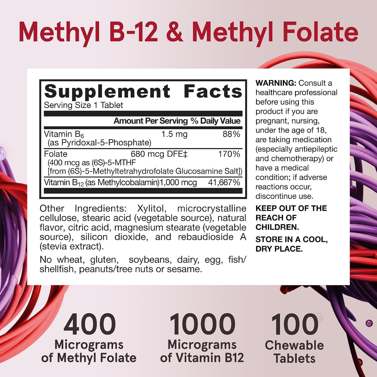 Jarrow Formulae Methyl B-12 1000mcg + Methyl Folate 400mcg, Extra Strength, with P-5-P, 100 Chewable Tabs (12-Pack) - görsel 6