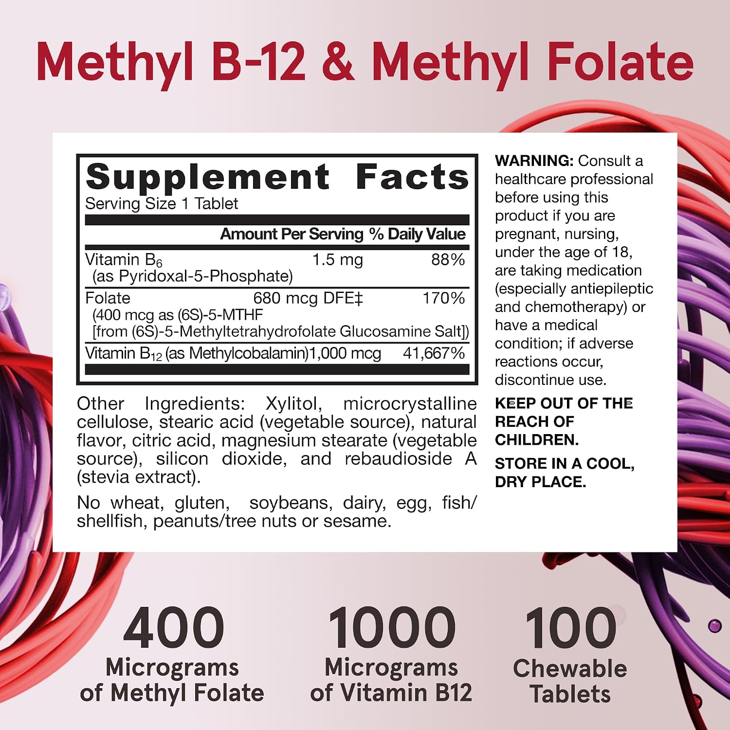 Jarrow Formulae Methyl B-12 1000mcg + Methyl Folate 400mcg, Extra Strength, with P-5-P, 100 Chewable Tabs (12-Pack) - görsel 6