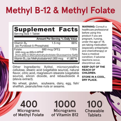 Jarrow Formulae Methyl B-12 1000mcg + Methyl Folate 400mcg, Extra Strength, with P-5-P, 100 Chewable Tabs (12-Pack)