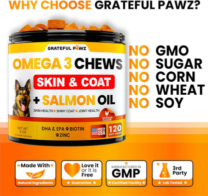 Omega 3 for Dogs - Fish Oil Chews for Dogs - Allergy and Itch Relief - Anti-Shedding Supplement - Joint Health - Dry, Itchy Skin and Coat Supplement - Salmon Oil - EPA & DHA - Made in the USA