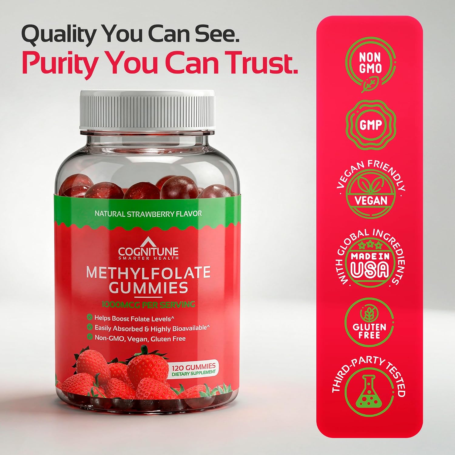 CogniTune Methylfolate Gummies - L-Methylfolate 1000mcg 5-MTHF Folate Supplement for Kids and Adults - Strawberry Chewable Vitamin B9 - Non-GMO Vegan - 60 Gummies - görsel 7
