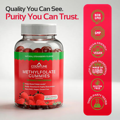 CogniTune Methylfolate Gummies - L-Methylfolate 1000mcg 5-MTHF Folate Supplement for Kids and Adults - Strawberry Chewable Vitamin B9 - Non-GMO Vegan - 60 Gummies