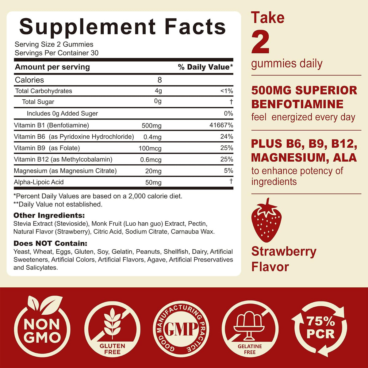 Vitamin B1 (Benfotiamine) Gummies 500mg – B Complex with B6, B9, Magnesium – Vegan, Sugar-Free, 60 Count - görsel 6