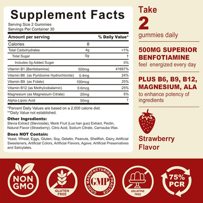 Vitamin B1 (Benfotiamine) Gummies 500mg – B Complex with B6, B9, Magnesium – Vegan, Sugar-Free, 60 Count