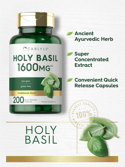 Carlyle Holy Basil Capsules | 200 Capsules | Tulsi Leaf Extract | Herbal Food Supplement