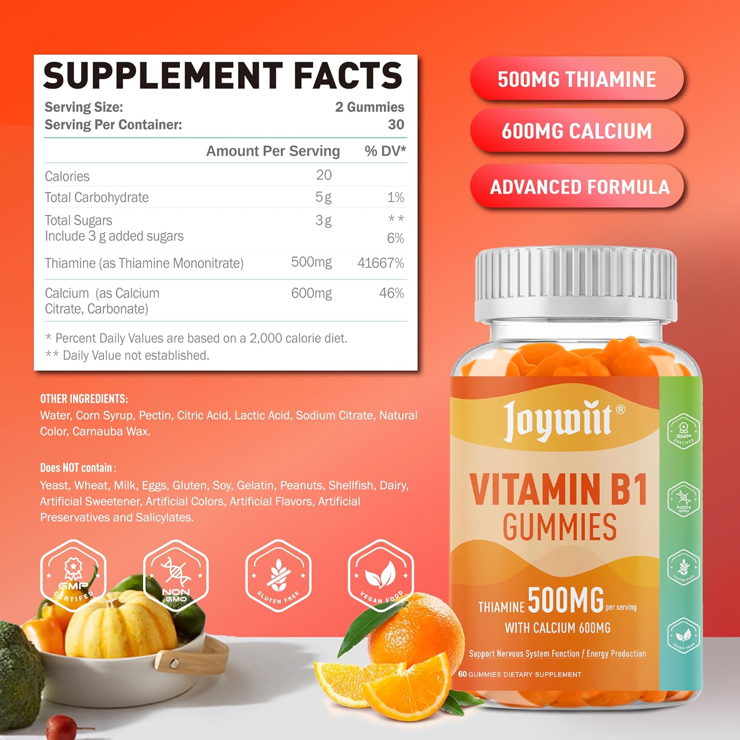 Vitamin B1 Gummies 500mg – Thiamine Supplement for Adults with Calcium Citrate, Vegan, Natural Orange Flavour - görsel 2