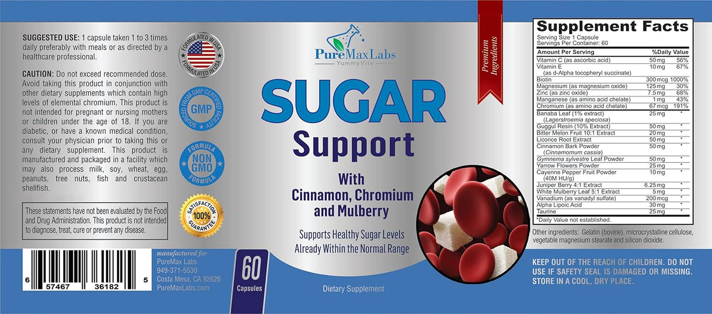 YUMMYVITE Sugar Support Supplement with Cinnamon, Chromium, Mulberry, Alpha Lipoic Acid - 20 Herbs & Vitamins - Non-GMO, 60 Capsules - görsel 4