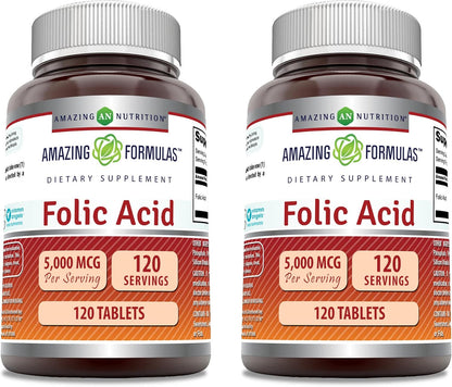 Amazing Formulae Folic Acid 5000 mcg per Serving | Tablets Supplement | Non-GMO | Gluten-Free | Made in USA (3 Pack | 120 Count)