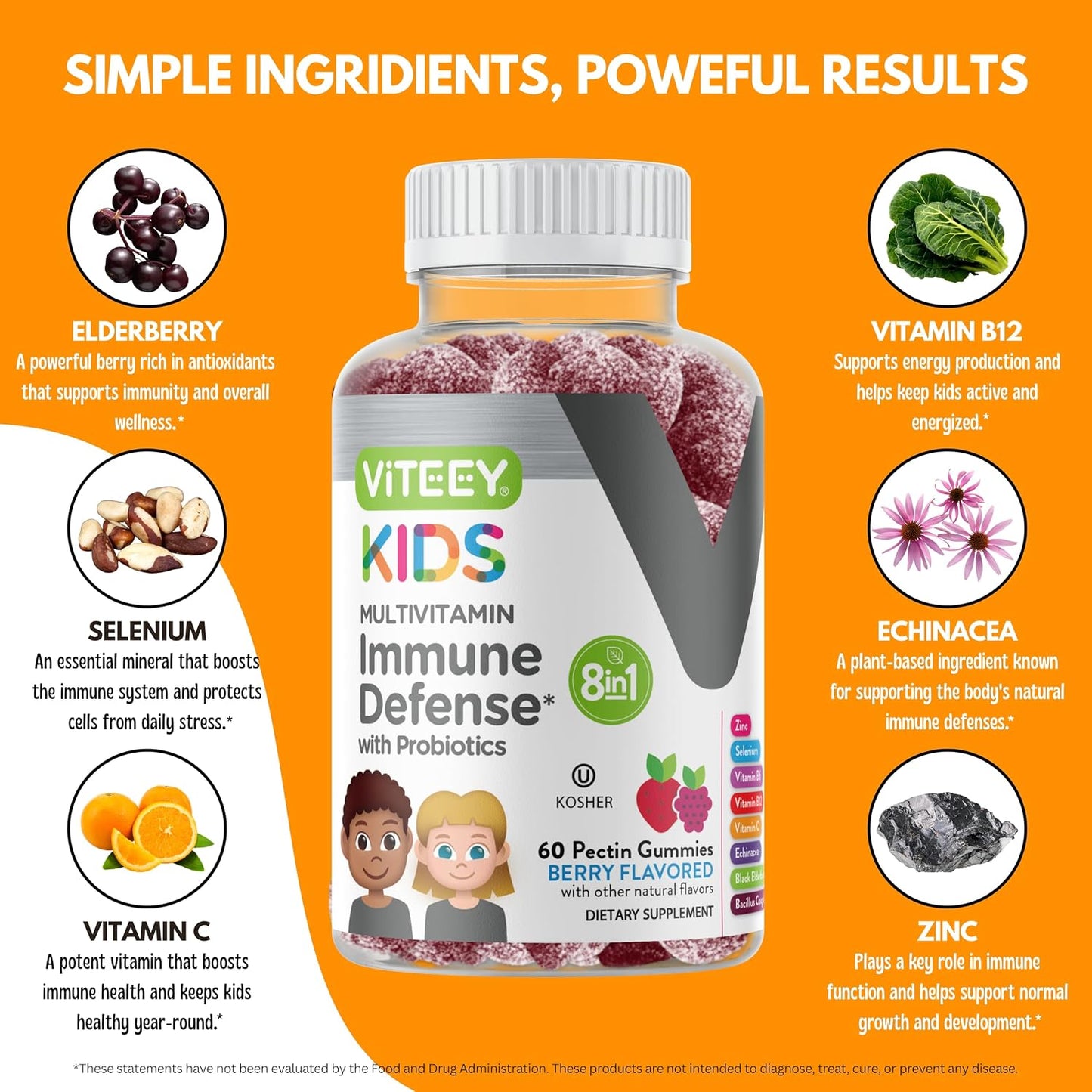 Viteey Children's Multivitamin Gummies with Probiotics – Immune Support Supplement for Kids – Berry Flavour – 60 Gummies - görsel 4
