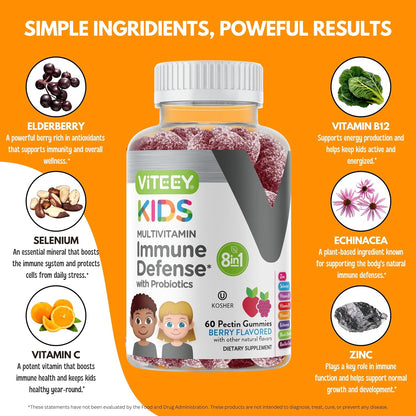 Viteey Children's Multivitamin Gummies with Probiotics – Immune Support Supplement for Kids – Berry Flavour – 60 Gummies