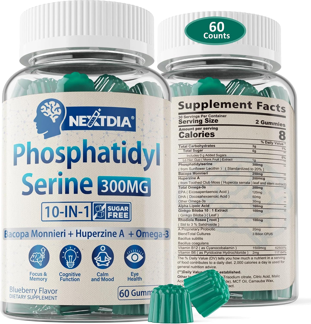 Phosphatidylserine Nootropic Brain Supplement Gummies - Focus & Energy + Bacopa Monnieri, Omega-3, Huperzine A, Methyl B12 & B6 - Non-GMO, Sugar Free, 60 Count - görsel 1