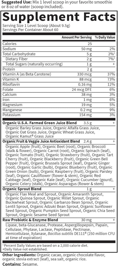 Garden of Life Raw Organic Perfect Food Green Superfood Juiced Greens Powder - Chocolate Flavour, 60 Servings