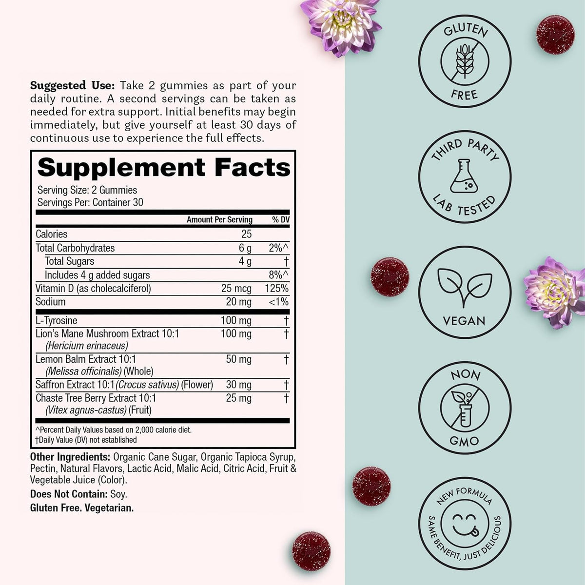 Winged Wellness Happy Her Mood Gummies – Daily Mood Enhancer for Women with Saffron, L-Tyrosine, Lemon Balm, and Lion's Mane – 60 Vegan Gummies - görsel 5