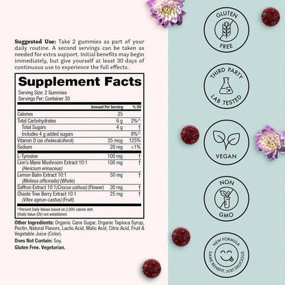 Winged Wellness Happy Her Mood Gummies – Daily Mood Enhancer for Women with Saffron, L-Tyrosine, Lemon Balm, and Lion's Mane – 60 Vegan Gummies