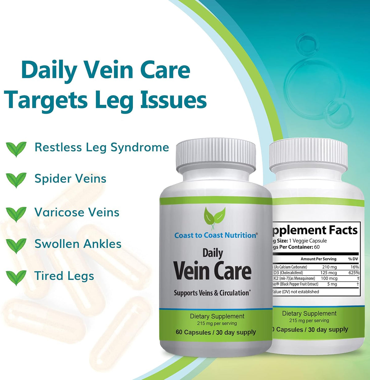 Daily Vein Care Supplement — Circulation Formula with Calcium, Vitamin D3, Vitamin K2 & BioPerine (60 Capsules) - görsel 4