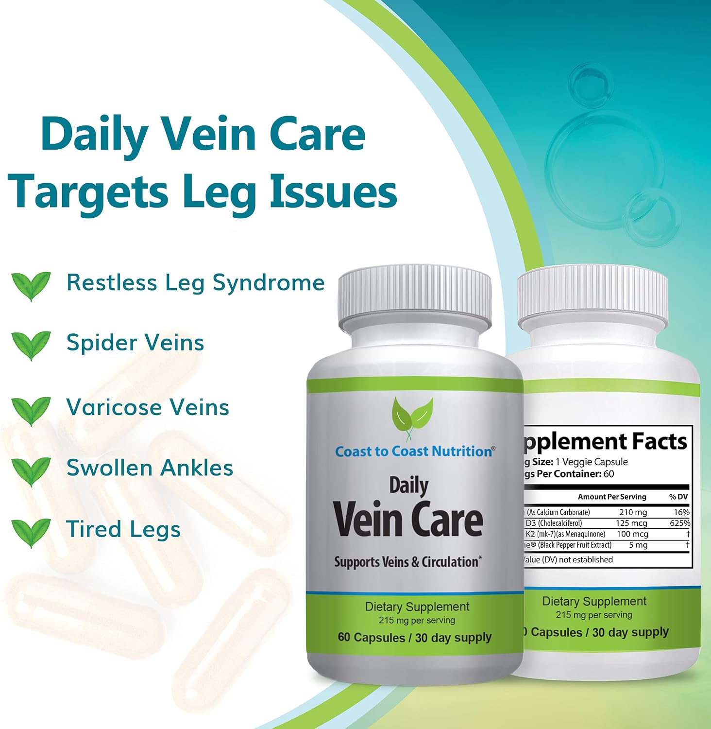 Daily Vein Care Supplement — Circulation Formula with Calcium, Vitamin D3, Vitamin K2 & BioPerine (60 Capsules) - görsel 4