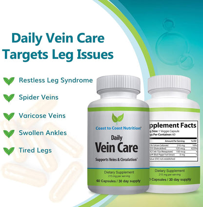 Daily Vein Care Supplement — Circulation Formula with Calcium, Vitamin D3, Vitamin K2 & BioPerine (60 Capsules)