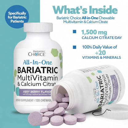 Bariatric Choice All-in-One Chewable Bariatric Multivitamin with Iron & Calcium Citrate, Very Berry (120 Tablets)