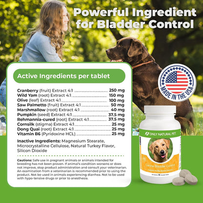ONLY NATURAL PET Canine Bladder Control - Senior Dog Care Supplement - UTI, Urinary Tract Health, Incontinence Support with Cranberry Extract | Tablets, 90 Chewable Tablets (Natural Turkey Flavour)