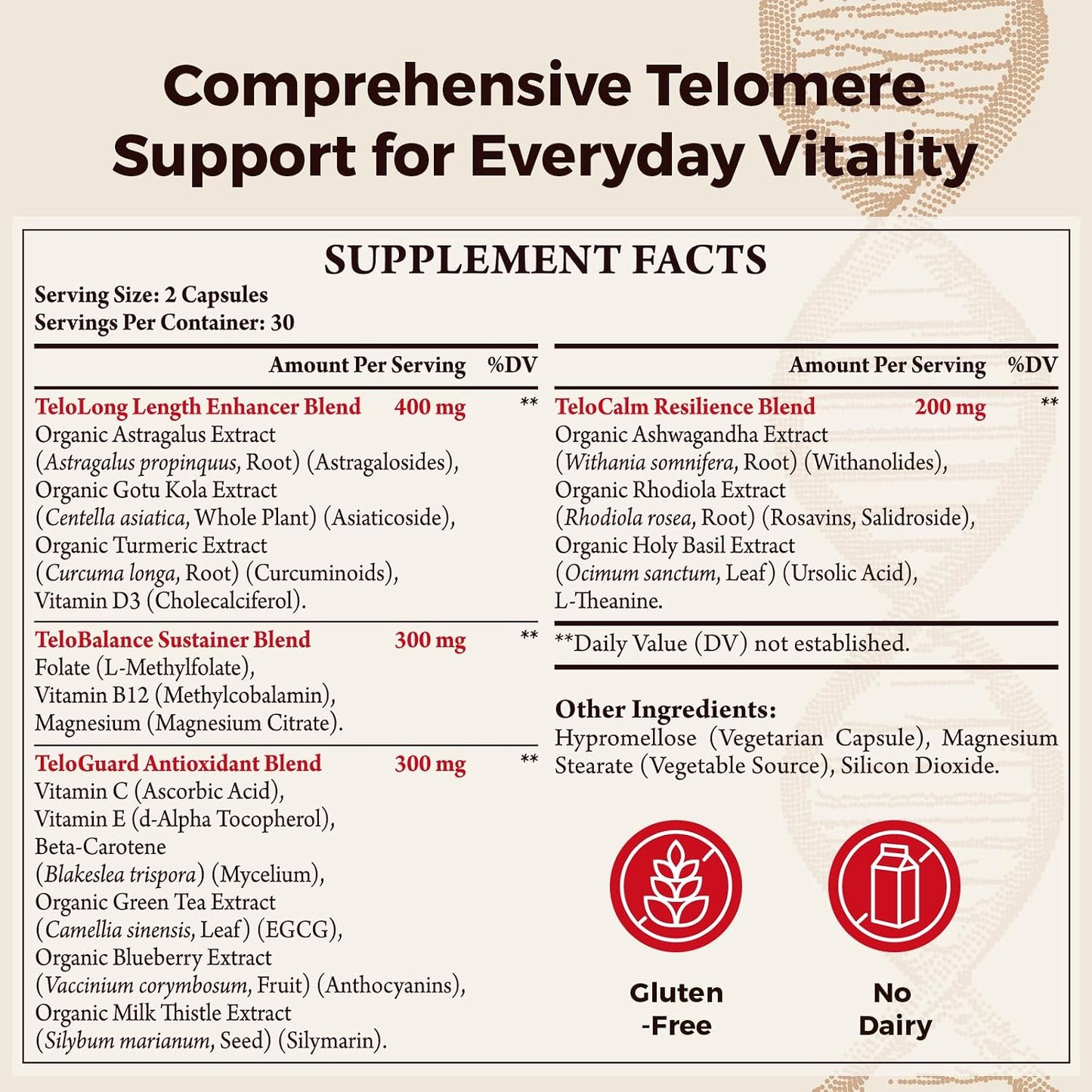 Telomere Support Supplements – Organic Astragalus, Gotu Kola, Vitamin D3, Folate, Magnesium, L-Theanine – Cellular Health & DNA Support – 60 Vegan Capsules (2 Bottles) – Made in Japan - görsel 2