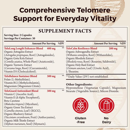 Telomere Support Supplements – Organic Astragalus, Gotu Kola, Vitamin D3, Folate, Magnesium, L-Theanine – Cellular Health & DNA Support – 60 Vegan Capsules (2 Bottles) – Made in Japan