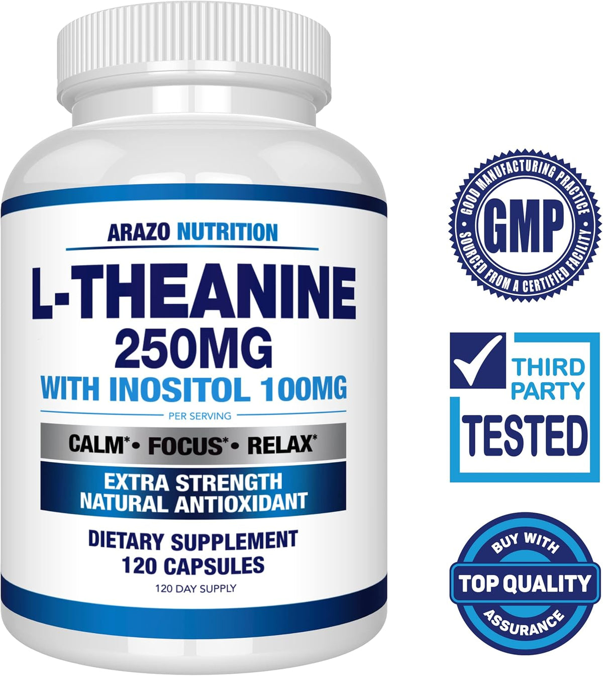Arazo Nutrition L-Theanine 250mg with Inositol 100mg, 120 Vegetarian Capsules – Image 2