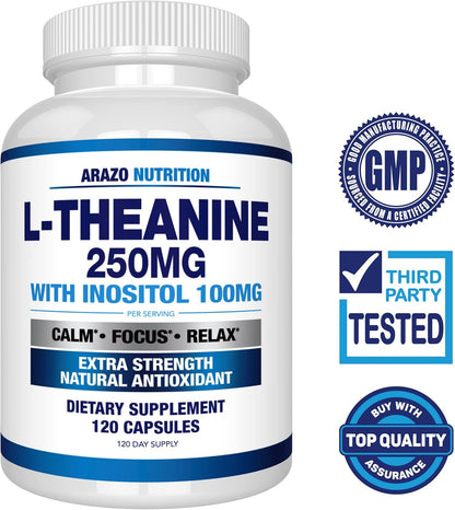 Arazo Nutrition L-Theanine 250mg with Inositol 100mg, 120 Vegetarian Capsules – Image 2