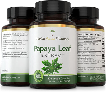Papaya Leaf Extract Capsules 10:1 (120 Capsules) 500 mg per Capsule, 1000 mg Serving