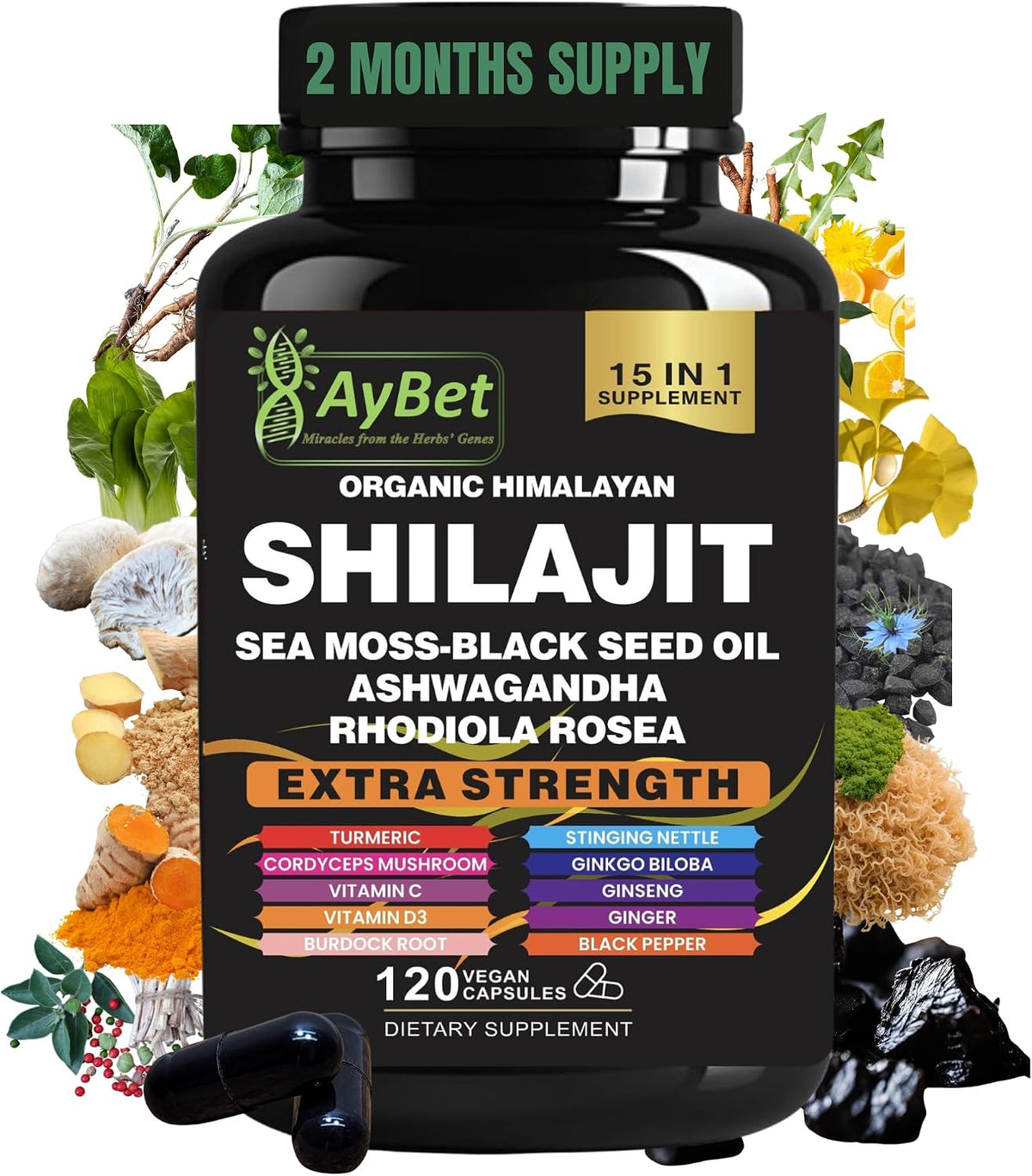AyBet Organic Himalayan Shilajit Capsules with Sea Moss, Ashwagandha, and Herbal Blend - 120 Capsules - görsel 1