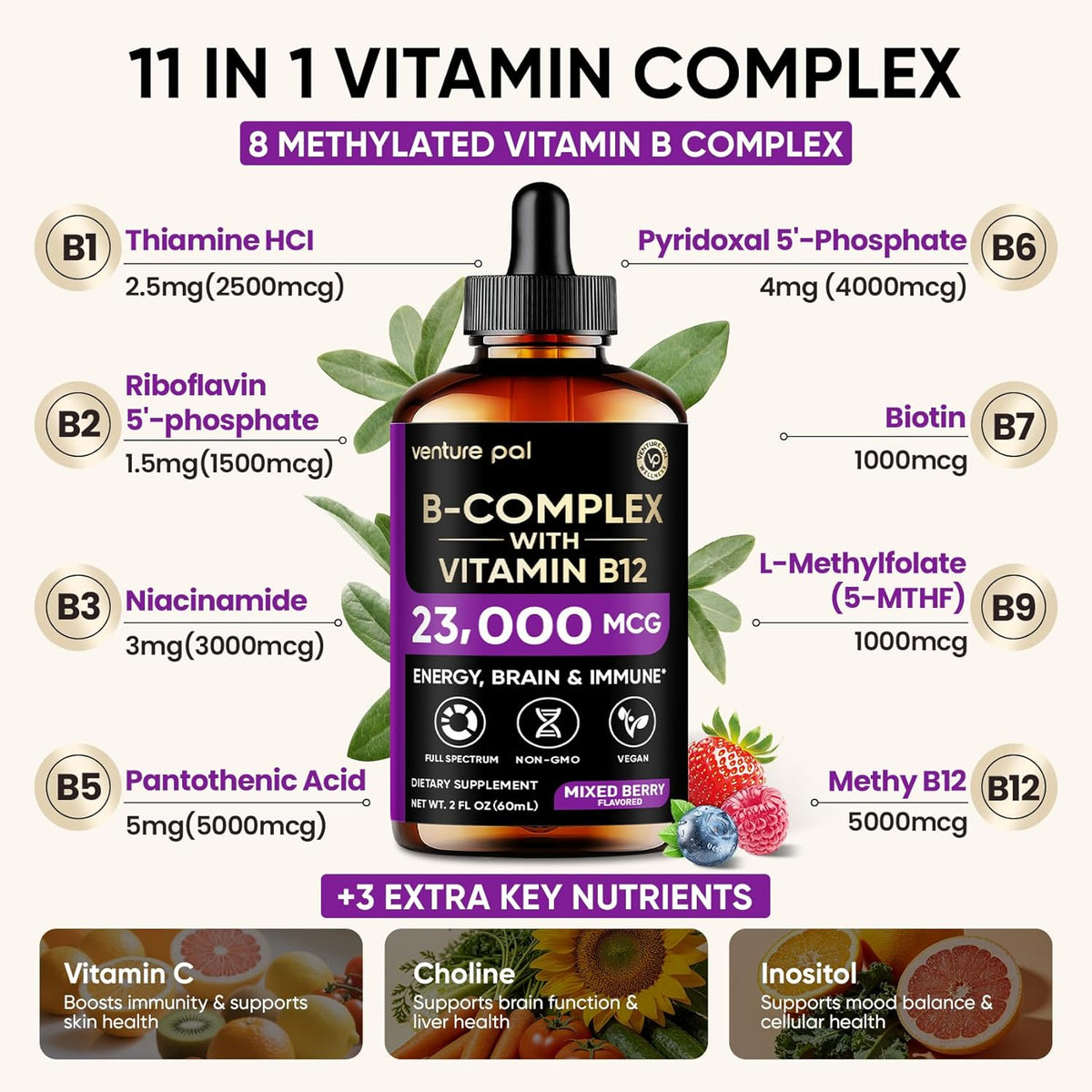 Venture Pal Vitamin B Complex Liquid Drops, B12 Methylcobalamin | B9 Folic | B1,B2,B3,B5,B6,B7 - Vitamin C, Choline, Inositol, Immune & Energy Metabolism, Brain & Heart Support - görsel 4